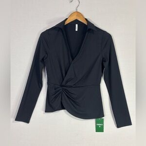 Halara NWT Black Twist Front Peplum Top Sculpted Waist Chic Stretch